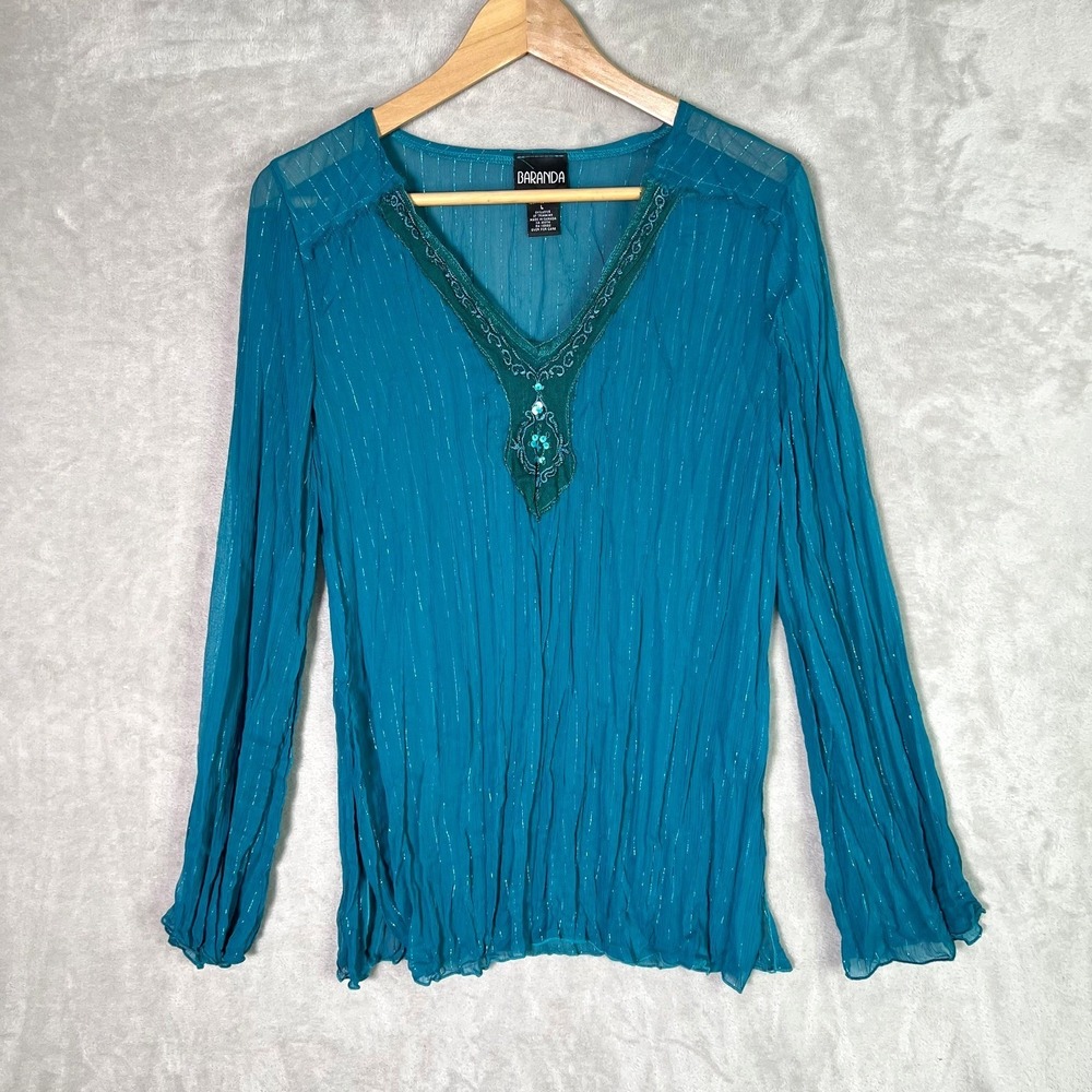 Vintage Y2K Teal Sheer Crinkle Blouse L Boho Fairycore Festival Shimmer Top‎